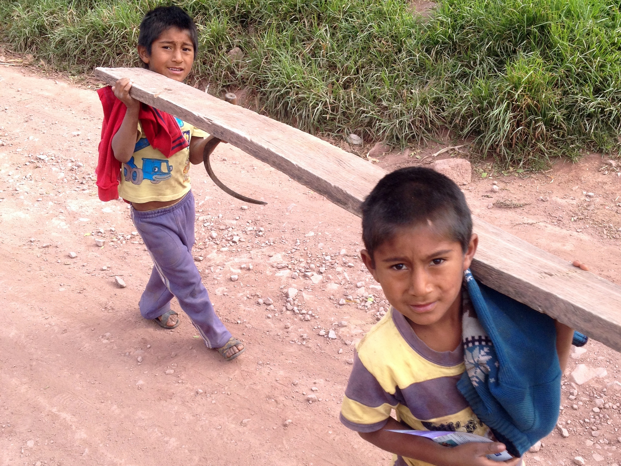 peruvian boys carrying lumber near maras